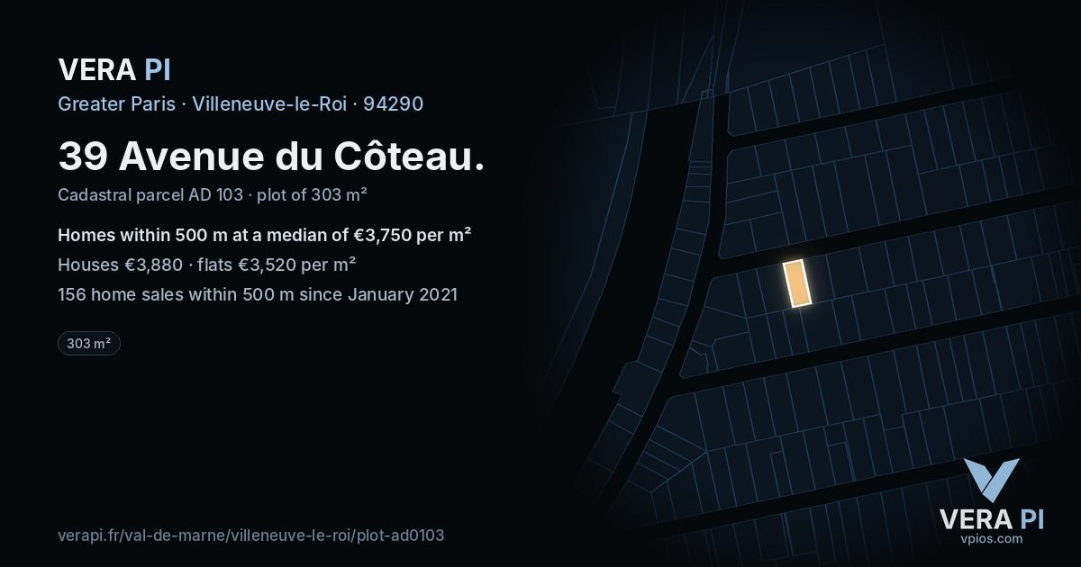 39 Avenue du Côteau, Villeneuve-le-Roi at night – the plot lit, the parcels around coloured by the prices near them