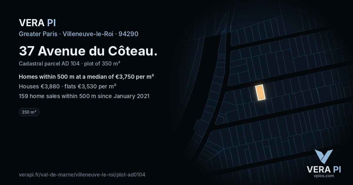 37 Avenue du Côteau, Villeneuve-le-Roi at night – the plot lit, the parcels around coloured by the prices near them