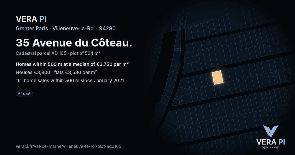 35 Avenue du Côteau, Villeneuve-le-Roi at night – the plot lit, the parcels around coloured by the prices near them
