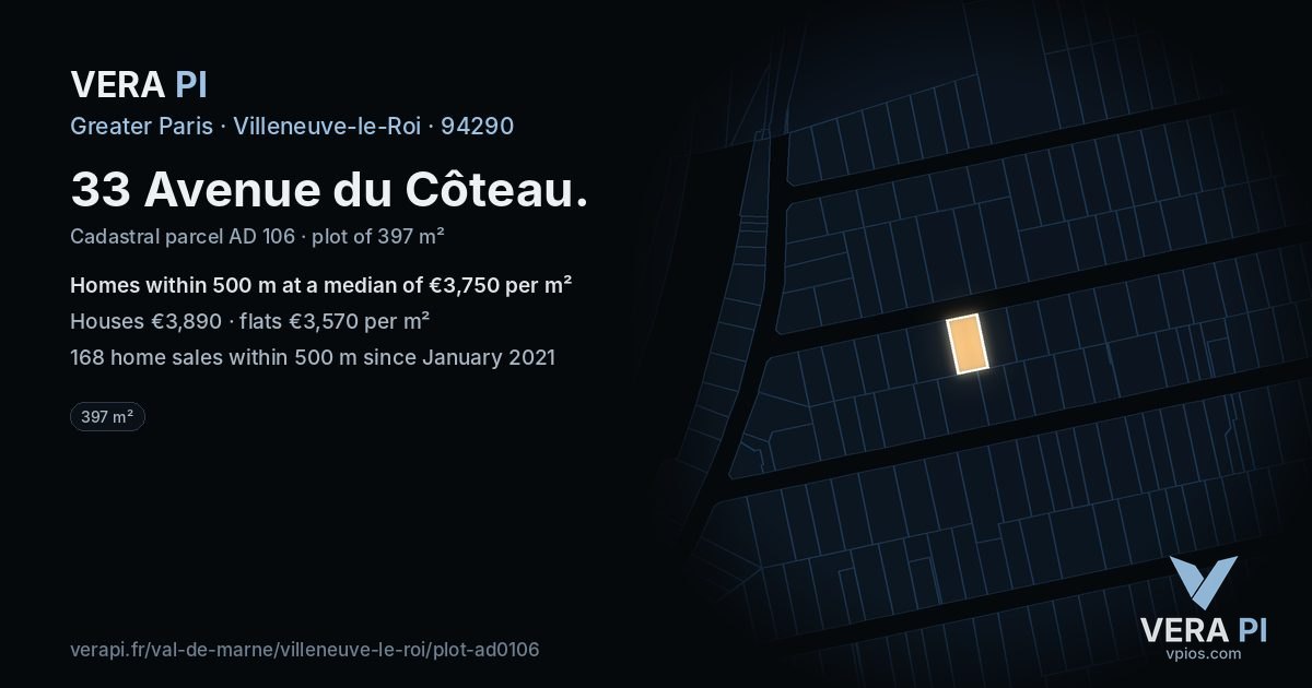33 Avenue du Côteau, Villeneuve-le-Roi at night – the plot lit, the parcels around coloured by the prices near them