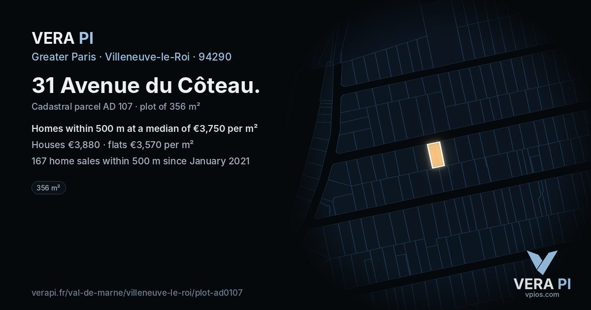 31 Avenue du Côteau, Villeneuve-le-Roi at night – the plot lit, the parcels around coloured by the prices near them