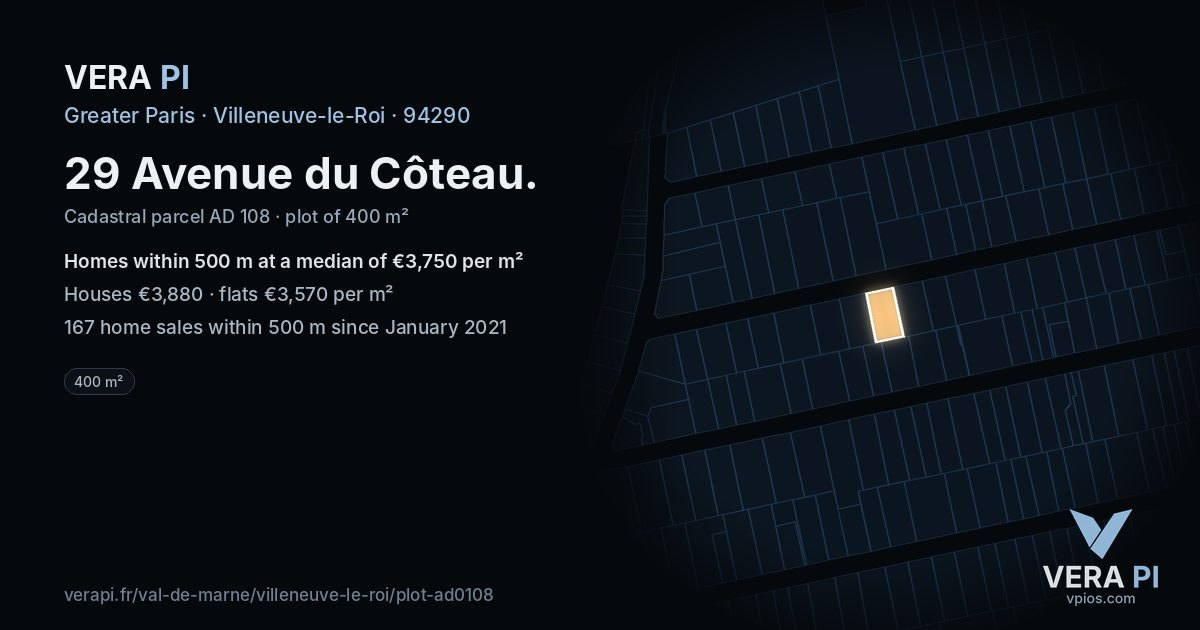 29 Avenue du Côteau, Villeneuve-le-Roi at night – the plot lit, the parcels around coloured by the prices near them