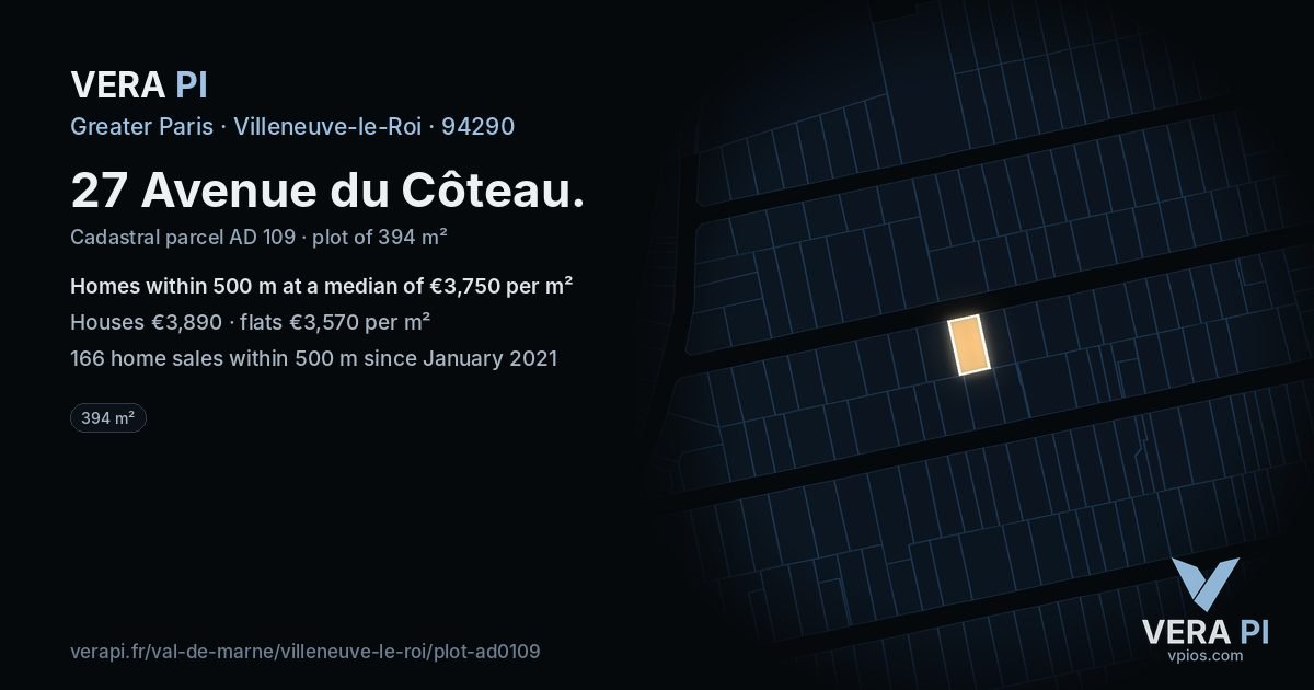 27 Avenue du Côteau, Villeneuve-le-Roi at night – the plot lit, the parcels around coloured by the prices near them
