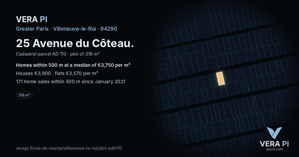 25 Avenue du Côteau, Villeneuve-le-Roi at night – the plot lit, the parcels around coloured by the prices near them