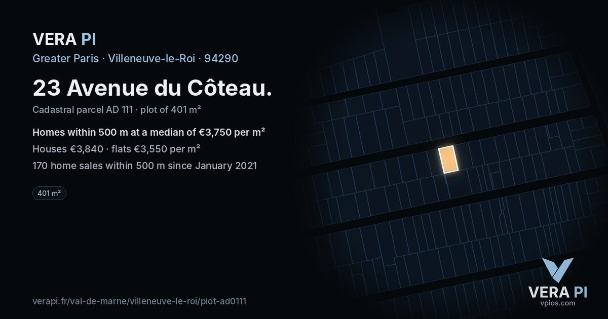 23 Avenue du Côteau, Villeneuve-le-Roi at night – the plot lit, the parcels around coloured by the prices near them