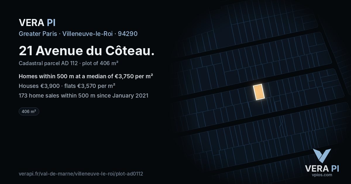21 Avenue du Côteau, Villeneuve-le-Roi at night – the plot lit, the parcels around coloured by the prices near them