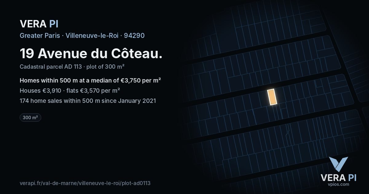 19 Avenue du Côteau, Villeneuve-le-Roi at night – the plot lit, the parcels around coloured by the prices near them