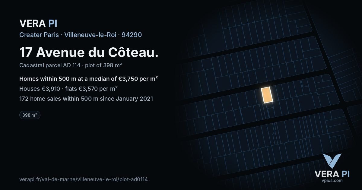 17 Avenue du Côteau, Villeneuve-le-Roi at night – the plot lit, the parcels around coloured by the prices near them