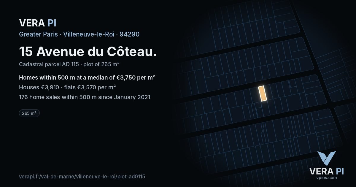 15 Avenue du Côteau, Villeneuve-le-Roi at night – the plot lit, the parcels around coloured by the prices near them