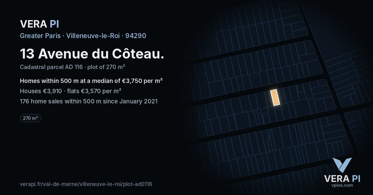 13 Avenue du Côteau, Villeneuve-le-Roi at night – the plot lit, the parcels around coloured by the prices near them