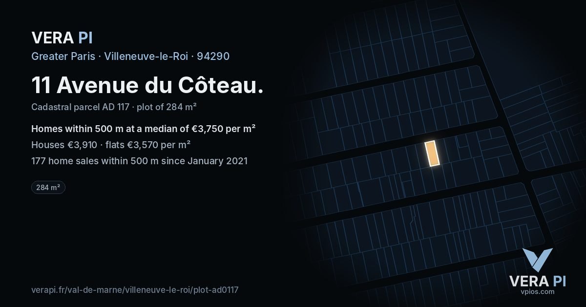 11 Avenue du Côteau, Villeneuve-le-Roi at night – the plot lit, the parcels around coloured by the prices near them