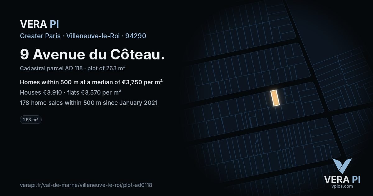 9 Avenue du Côteau, Villeneuve-le-Roi at night – the plot lit, the parcels around coloured by the prices near them