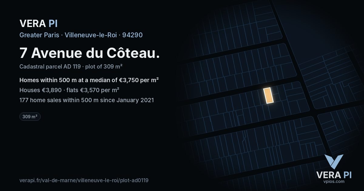 7 Avenue du Côteau, Villeneuve-le-Roi at night – the plot lit, the parcels around coloured by the prices near them