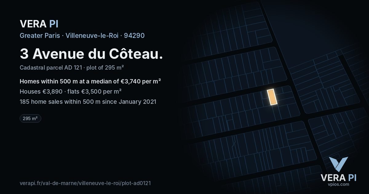 3 Avenue du Côteau, Villeneuve-le-Roi at night – the plot lit, the parcels around coloured by the prices near them