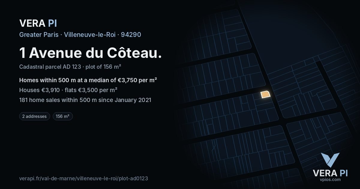 1 Avenue du Côteau, Villeneuve-le-Roi at night – the plot lit, the parcels around coloured by the prices near them