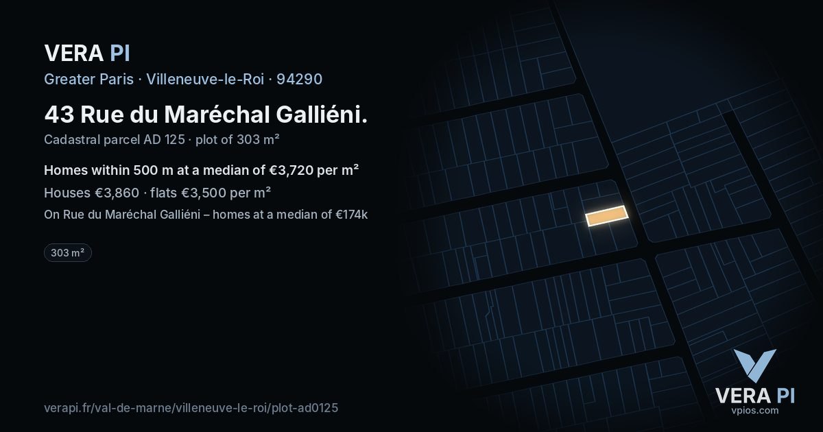 43 Rue du Maréchal Galliéni, Villeneuve-le-Roi at night – the plot lit, the parcels around coloured by the prices near them