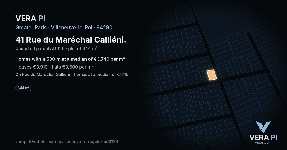 41 Rue du Maréchal Galliéni, Villeneuve-le-Roi at night – the plot lit, the parcels around coloured by the prices near them