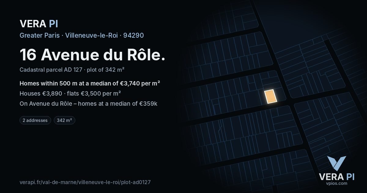 16 Avenue du Rôle, Villeneuve-le-Roi at night – the plot lit, the parcels around coloured by the prices near them