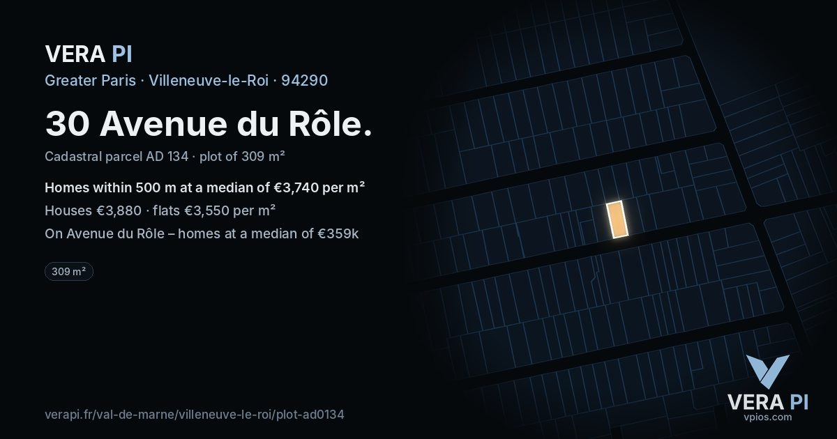 30 Avenue du Rôle, Villeneuve-le-Roi at night – the plot lit, the parcels around coloured by the prices near them