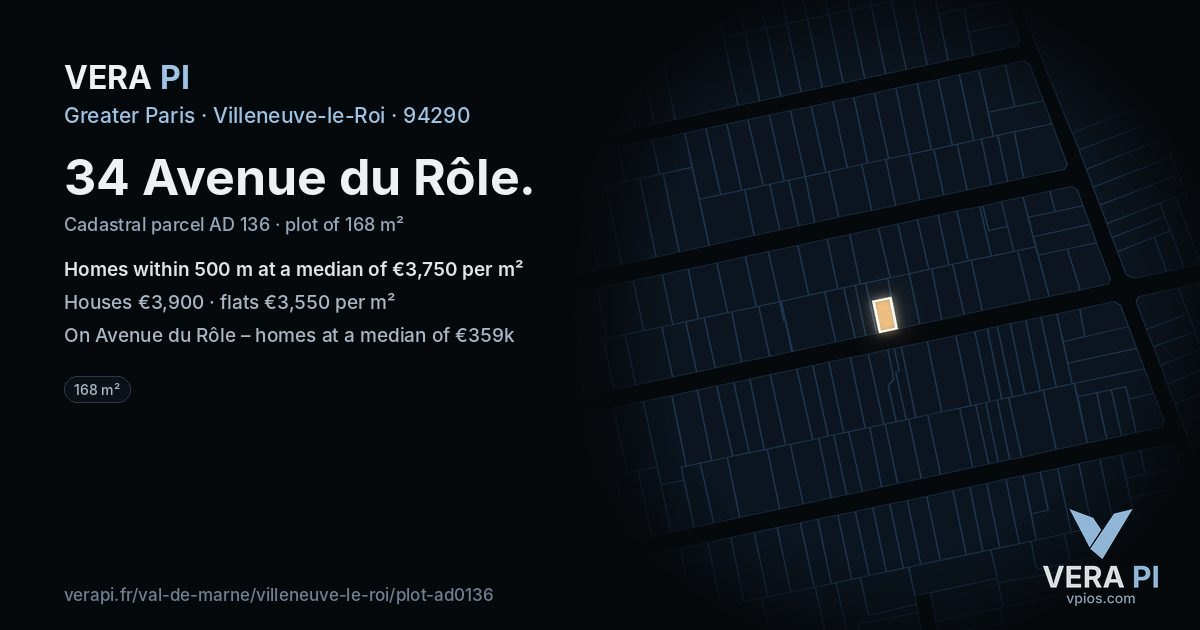 34 Avenue du Rôle, Villeneuve-le-Roi at night – the plot lit, the parcels around coloured by the prices near them