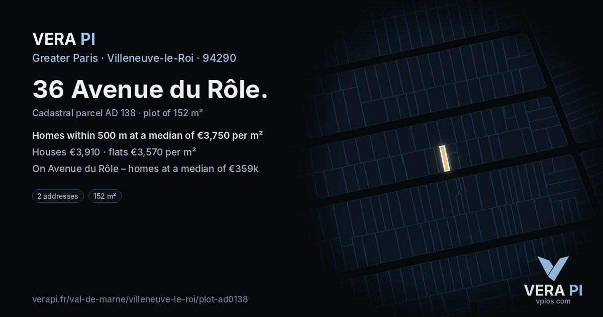 36 Avenue du Rôle, Villeneuve-le-Roi at night – the plot lit, the parcels around coloured by the prices near them