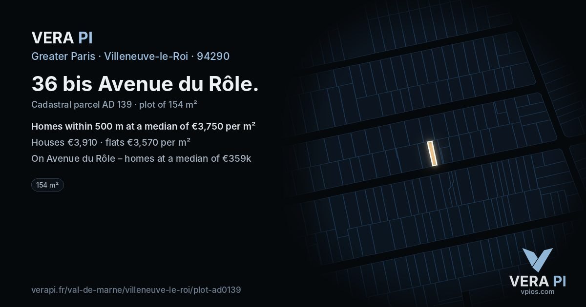 36 bis Avenue du Rôle, Villeneuve-le-Roi at night – the plot lit, the parcels around coloured by the prices near them