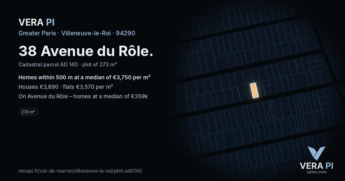 38 Avenue du Rôle, Villeneuve-le-Roi at night – the plot lit, the parcels around coloured by the prices near them