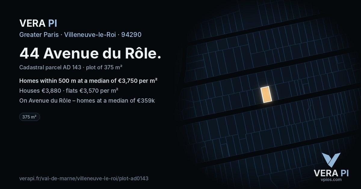 44 Avenue du Rôle, Villeneuve-le-Roi at night – the plot lit, the parcels around coloured by the prices near them