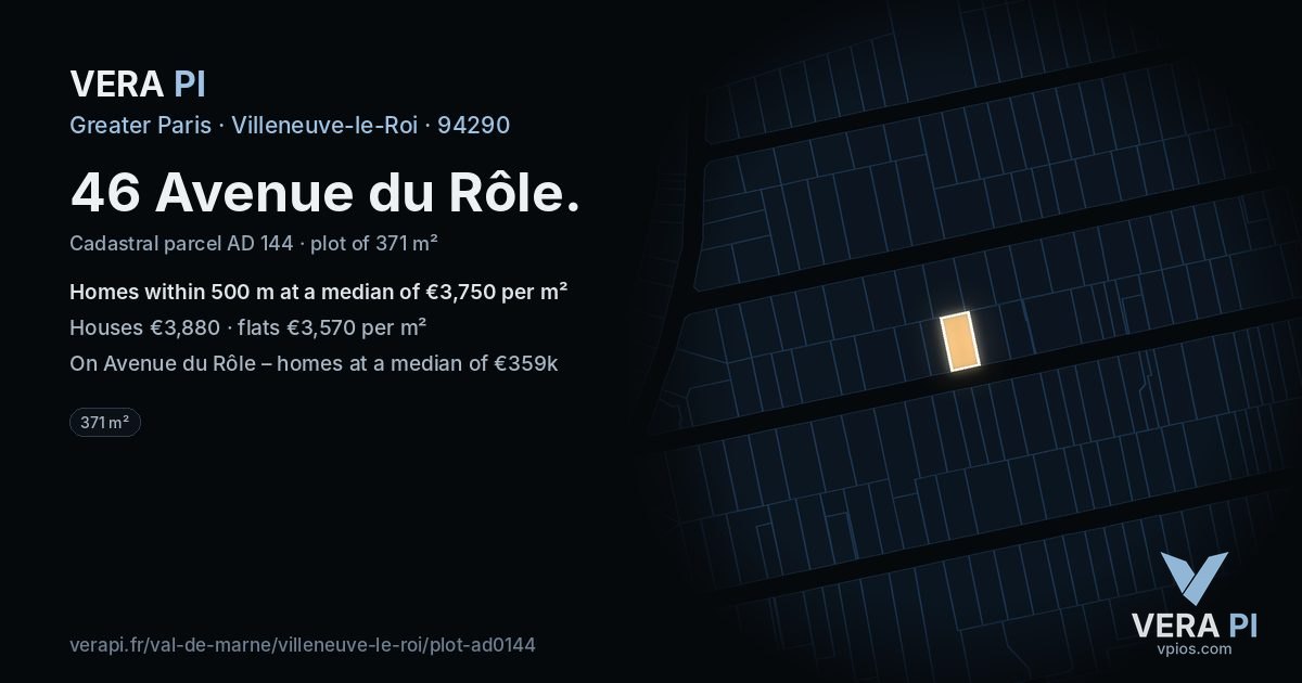 46 Avenue du Rôle, Villeneuve-le-Roi at night – the plot lit, the parcels around coloured by the prices near them