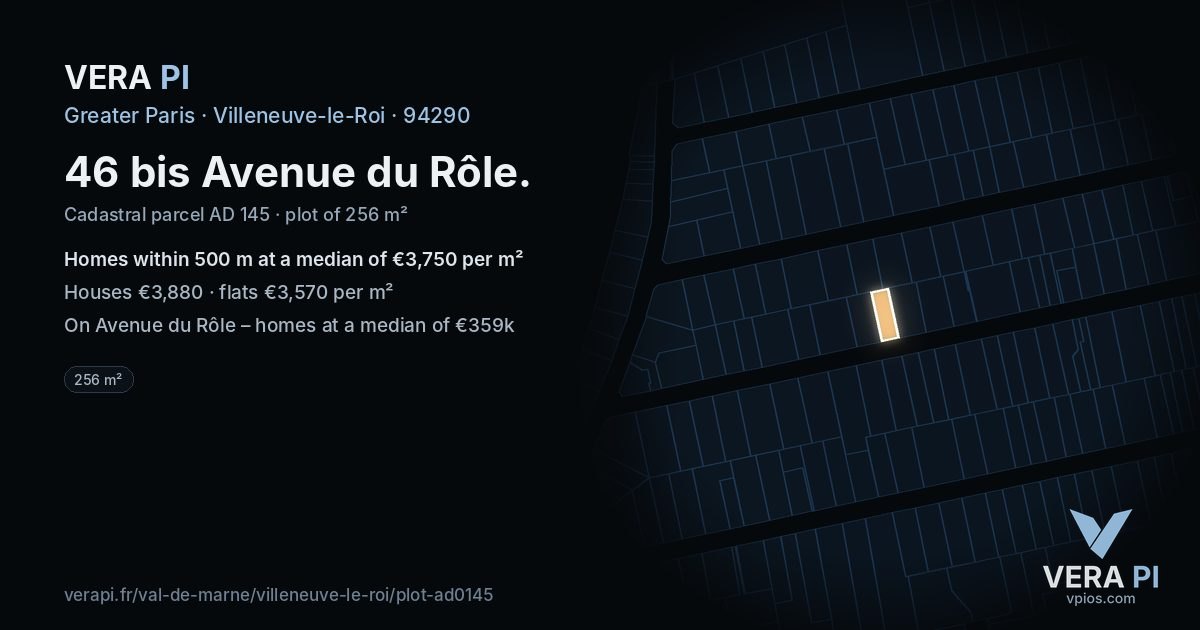 46 bis Avenue du Rôle, Villeneuve-le-Roi at night – the plot lit, the parcels around coloured by the prices near them