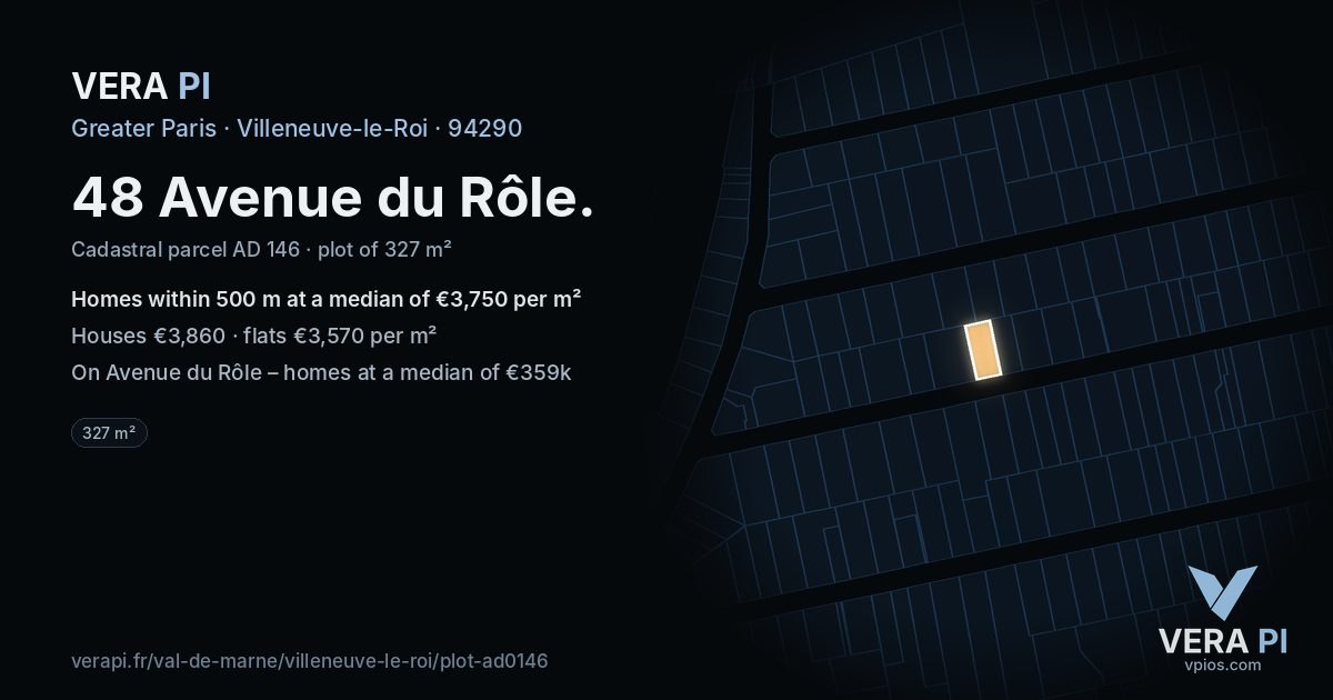 48 Avenue du Rôle, Villeneuve-le-Roi at night – the plot lit, the parcels around coloured by the prices near them