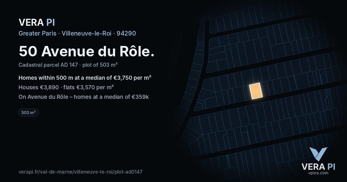 50 Avenue du Rôle, Villeneuve-le-Roi at night – the plot lit, the parcels around coloured by the prices near them