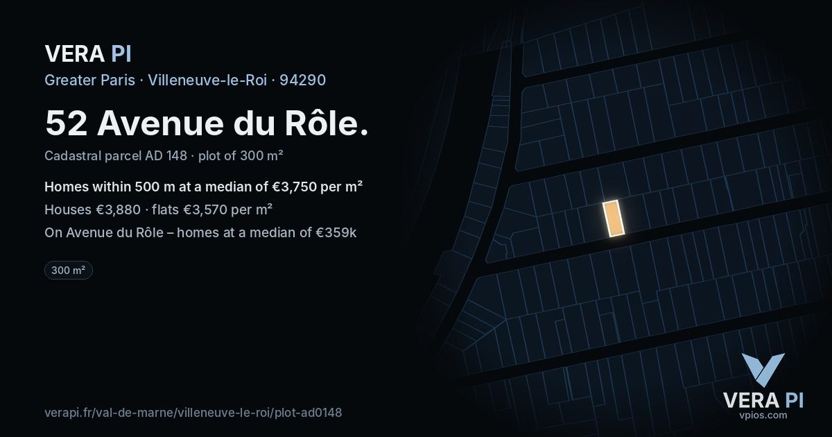 52 Avenue du Rôle, Villeneuve-le-Roi at night – the plot lit, the parcels around coloured by the prices near them