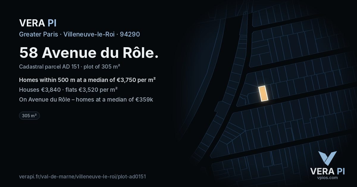 58 Avenue du Rôle, Villeneuve-le-Roi at night – the plot lit, the parcels around coloured by the prices near them