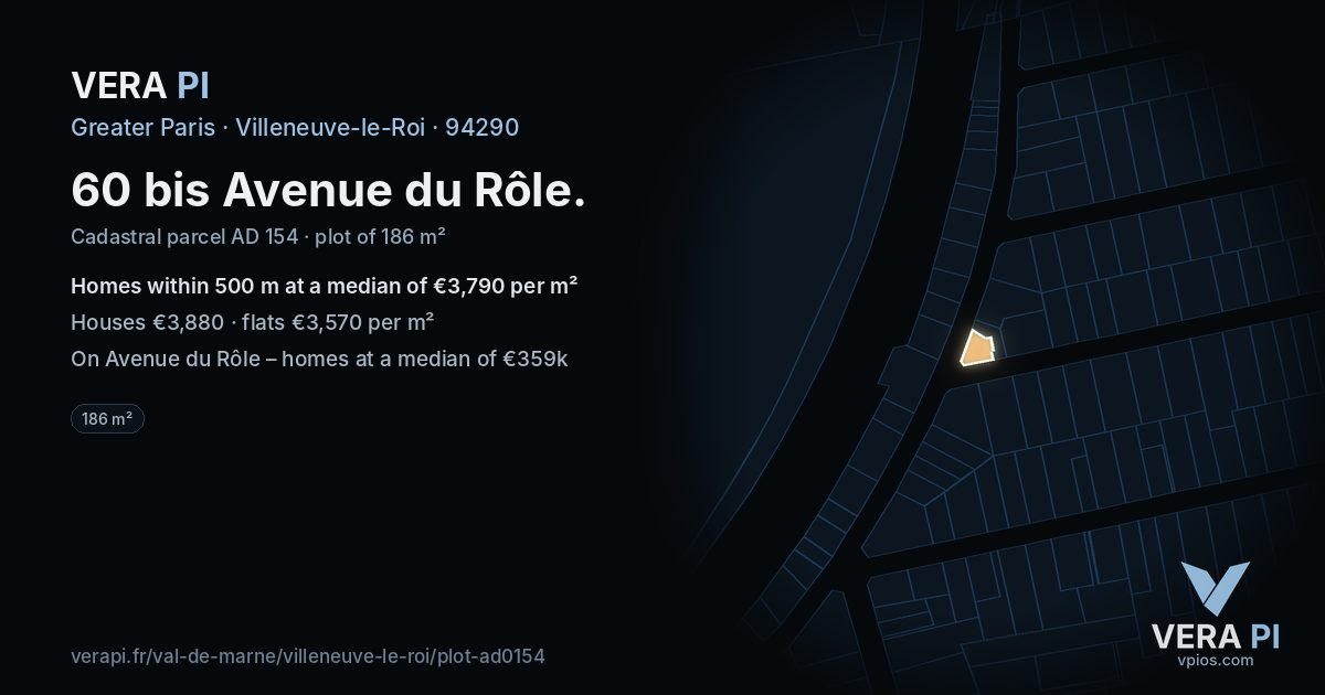 60 bis Avenue du Rôle, Villeneuve-le-Roi at night – the plot lit, the parcels around coloured by the prices near them