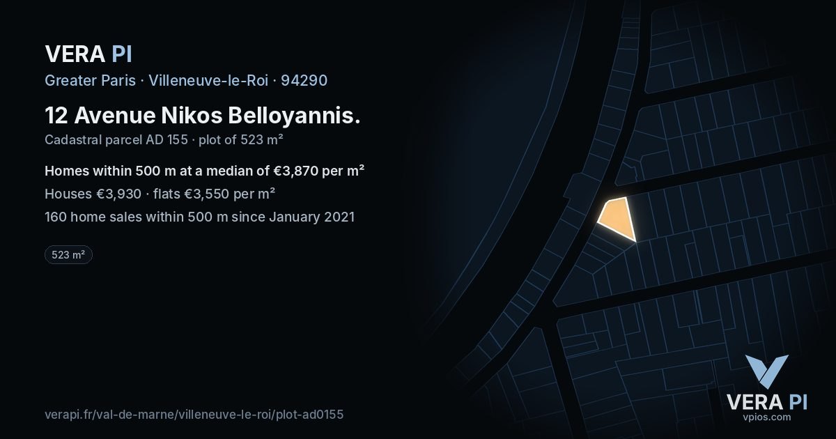 12 Avenue Nikos Belloyannis, Villeneuve-le-Roi at night – the plot lit, the parcels around coloured by the prices near them