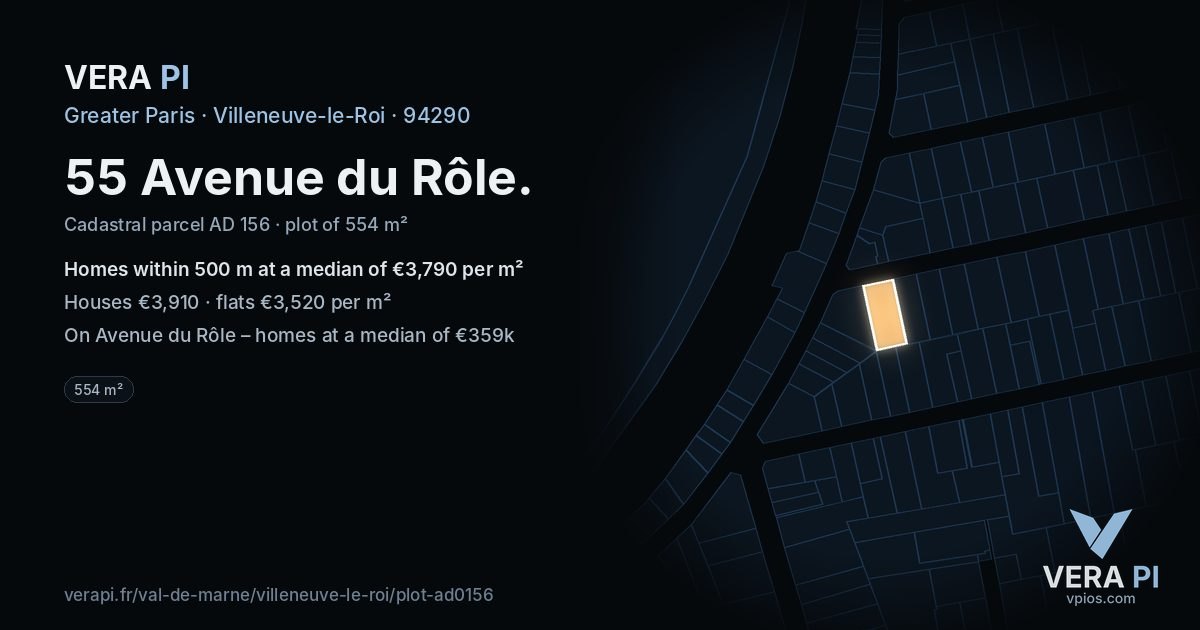 55 Avenue du Rôle, Villeneuve-le-Roi at night – the plot lit, the parcels around coloured by the prices near them