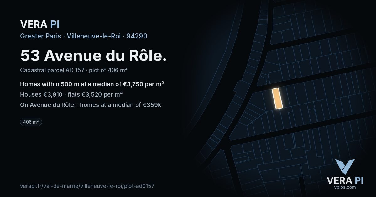 53 Avenue du Rôle, Villeneuve-le-Roi at night – the plot lit, the parcels around coloured by the prices near them