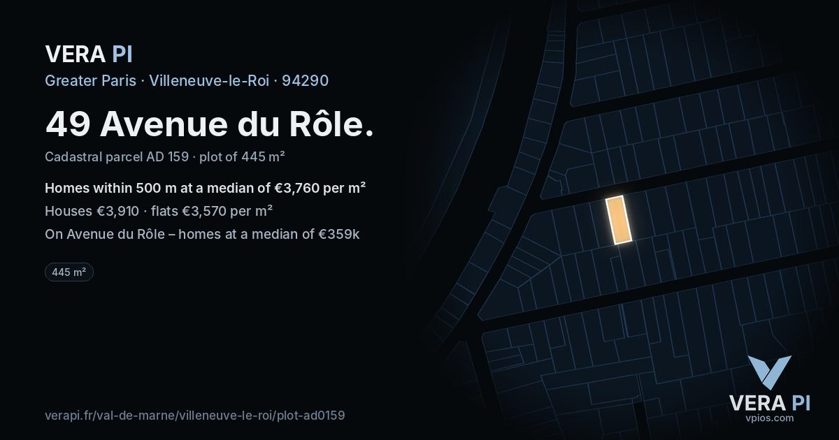 49 Avenue du Rôle, Villeneuve-le-Roi at night – the plot lit, the parcels around coloured by the prices near them