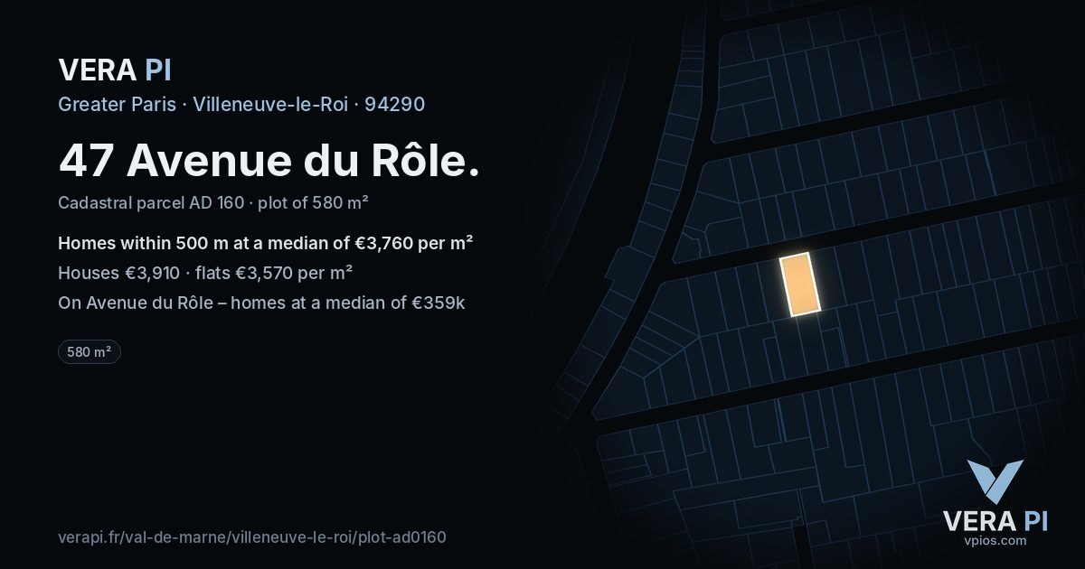 47 Avenue du Rôle, Villeneuve-le-Roi at night – the plot lit, the parcels around coloured by the prices near them