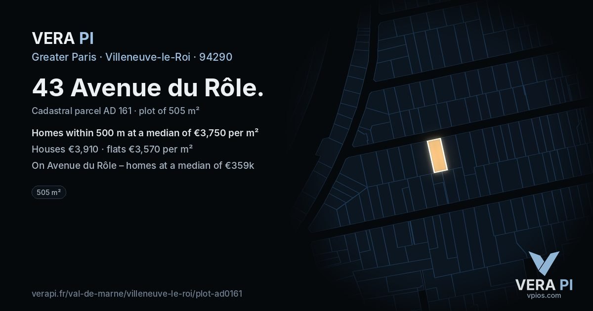 43 Avenue du Rôle, Villeneuve-le-Roi at night – the plot lit, the parcels around coloured by the prices near them