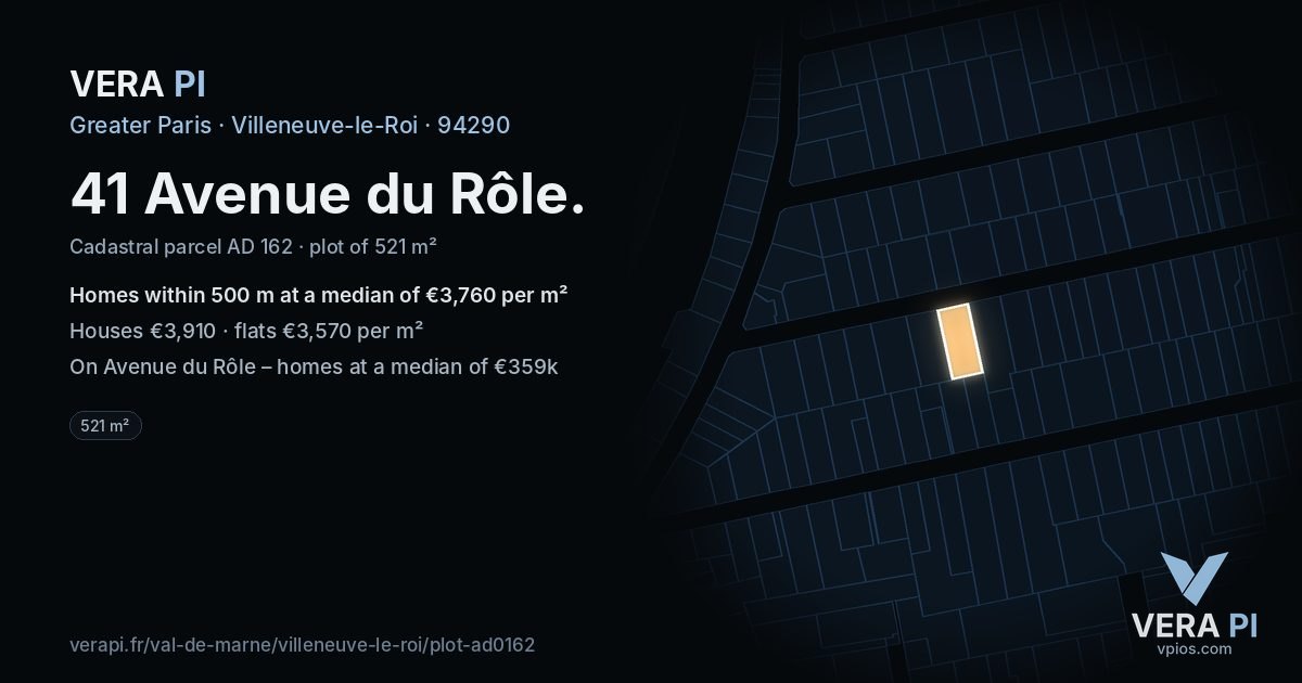 41 Avenue du Rôle, Villeneuve-le-Roi at night – the plot lit, the parcels around coloured by the prices near them