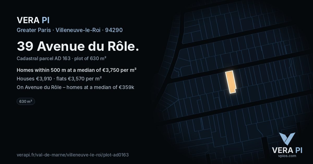 39 Avenue du Rôle, Villeneuve-le-Roi at night – the plot lit, the parcels around coloured by the prices near them