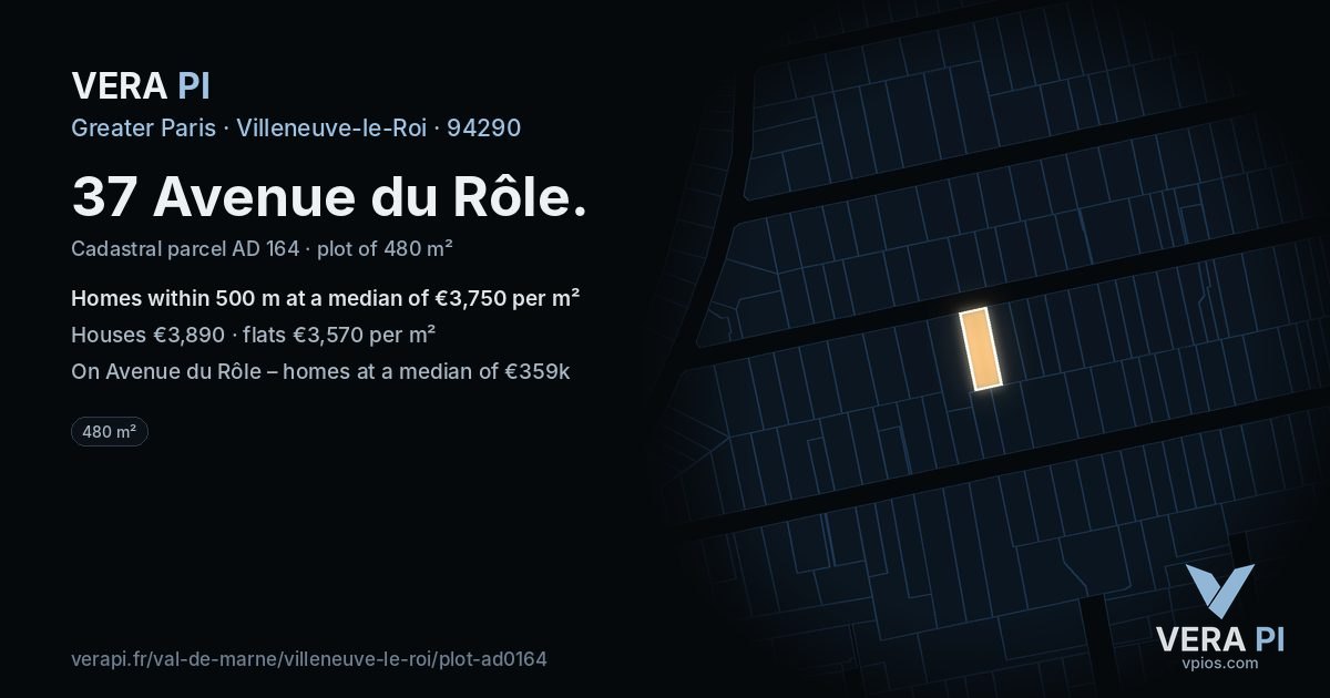 37 Avenue du Rôle, Villeneuve-le-Roi at night – the plot lit, the parcels around coloured by the prices near them