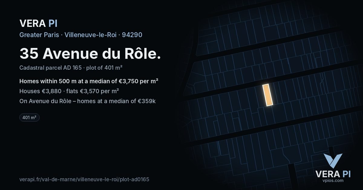 35 Avenue du Rôle, Villeneuve-le-Roi at night – the plot lit, the parcels around coloured by the prices near them