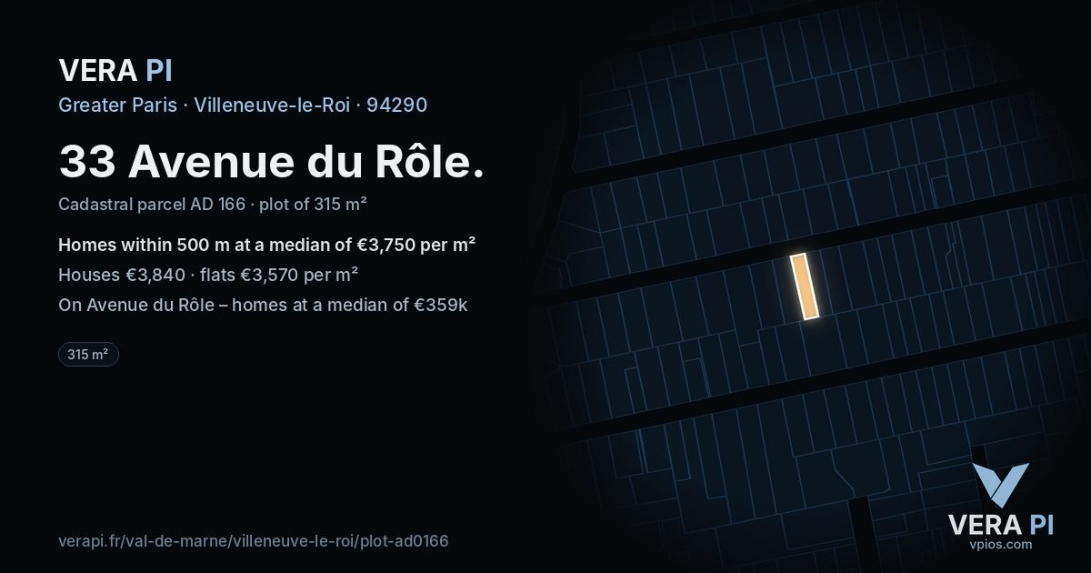 33 Avenue du Rôle, Villeneuve-le-Roi at night – the plot lit, the parcels around coloured by the prices near them