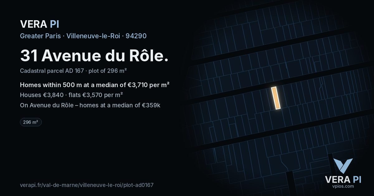 31 Avenue du Rôle, Villeneuve-le-Roi at night – the plot lit, the parcels around coloured by the prices near them