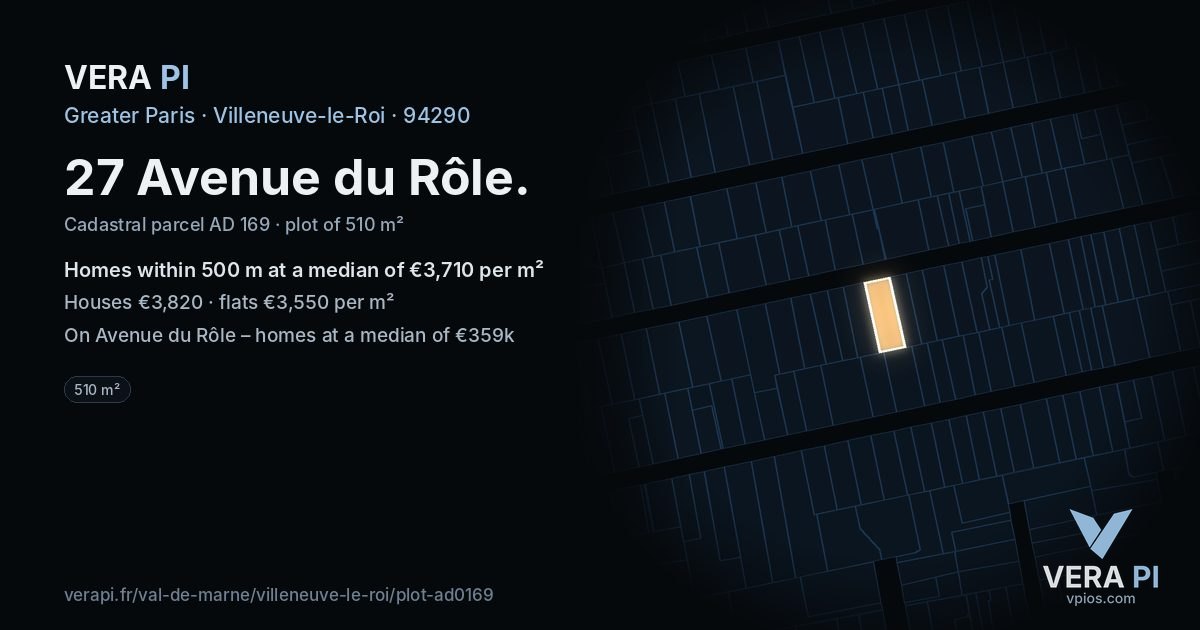 27 Avenue du Rôle, Villeneuve-le-Roi at night – the plot lit, the parcels around coloured by the prices near them