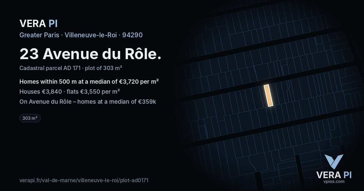 23 Avenue du Rôle, Villeneuve-le-Roi at night – the plot lit, the parcels around coloured by the prices near them