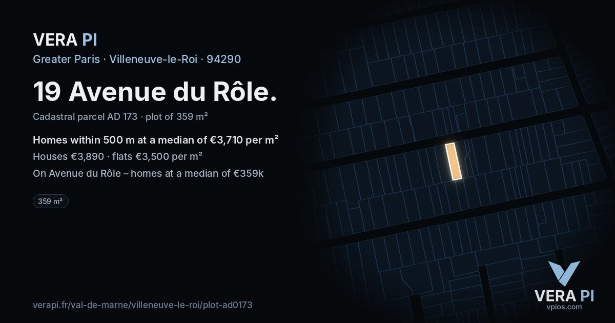 19 Avenue du Rôle, Villeneuve-le-Roi at night – the plot lit, the parcels around coloured by the prices near them
